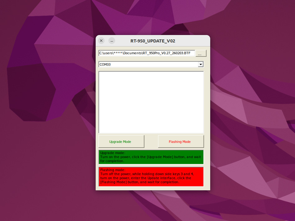 RadTel RT-950 PRO Updater running in Wine  Copyright linuxslate.com 2026