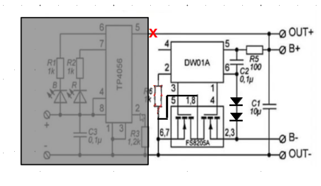 Latest configuration - Schematic Diagram of modifications to the second TP4056/DW01A board